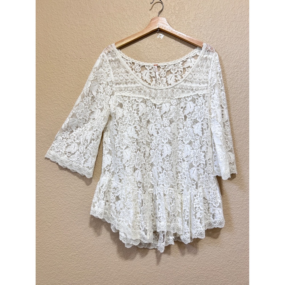 Free People Large Sheer Floral Lace Tunic Boho Bell Flare Whimsigoth Fairy